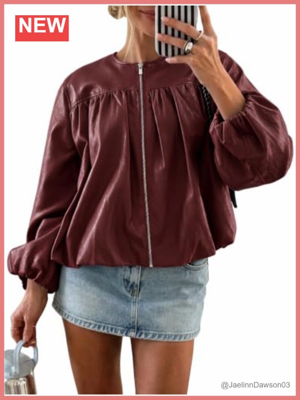 Faux Leather Zip Up Bomber Jacket Bubble Hem Cropped Coat Puff Sleeve
